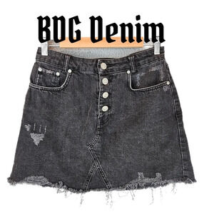 BDG Womens Black All Cotton Distressed Denim Mini Skirt Sz M Raw Hem Button Up